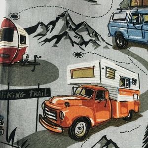 Joann Novelty Fabric Remnant Campers RV Hiking Trail Tents Mountains Trees